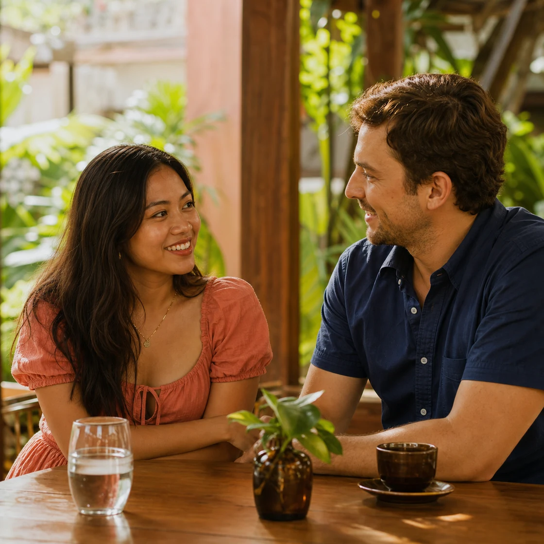Two adults sharing a warm conversation at a cafe in the Philippines