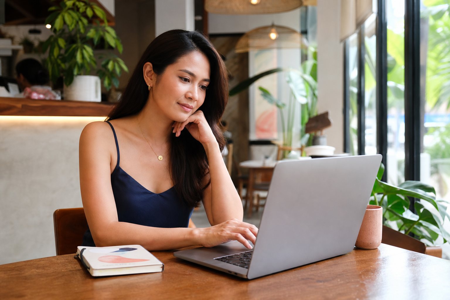 Adult Filipina thoughtfully writing an intentional dating profile in a Manila cafe