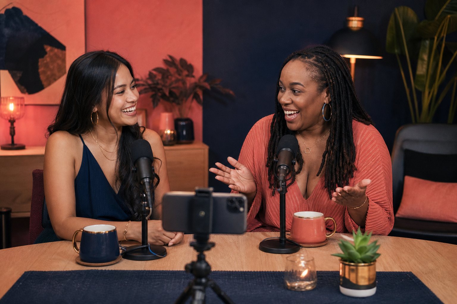 Two adult women hosting a warm weekly live dating conversation in a studio