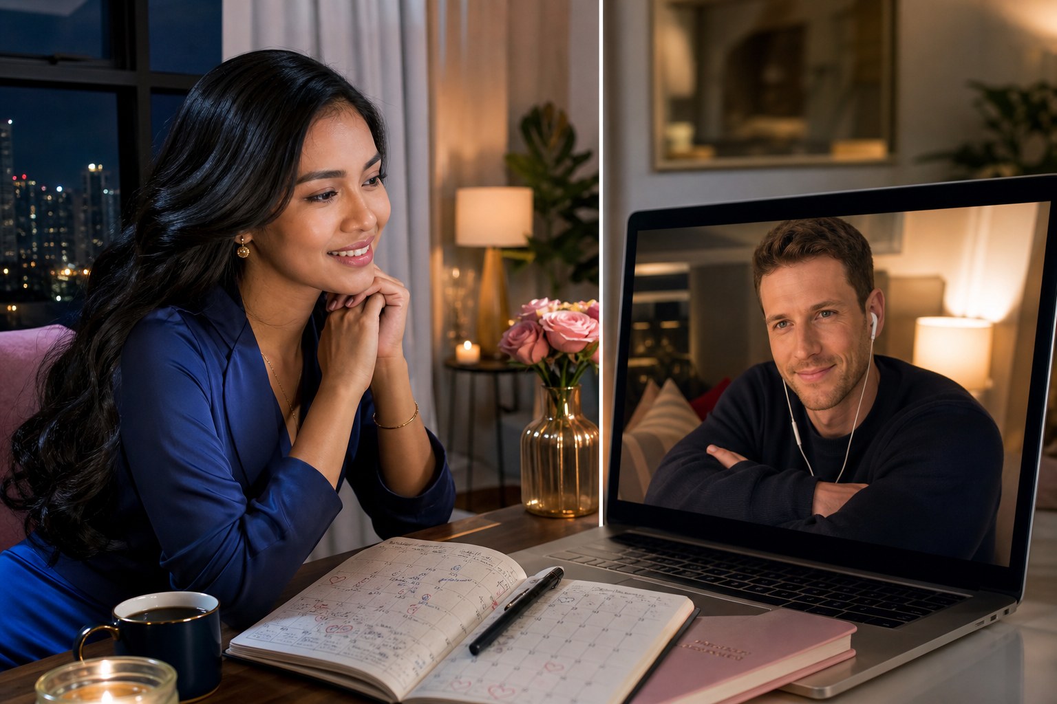 Adult Filipina and international man staying connected through a planned video call