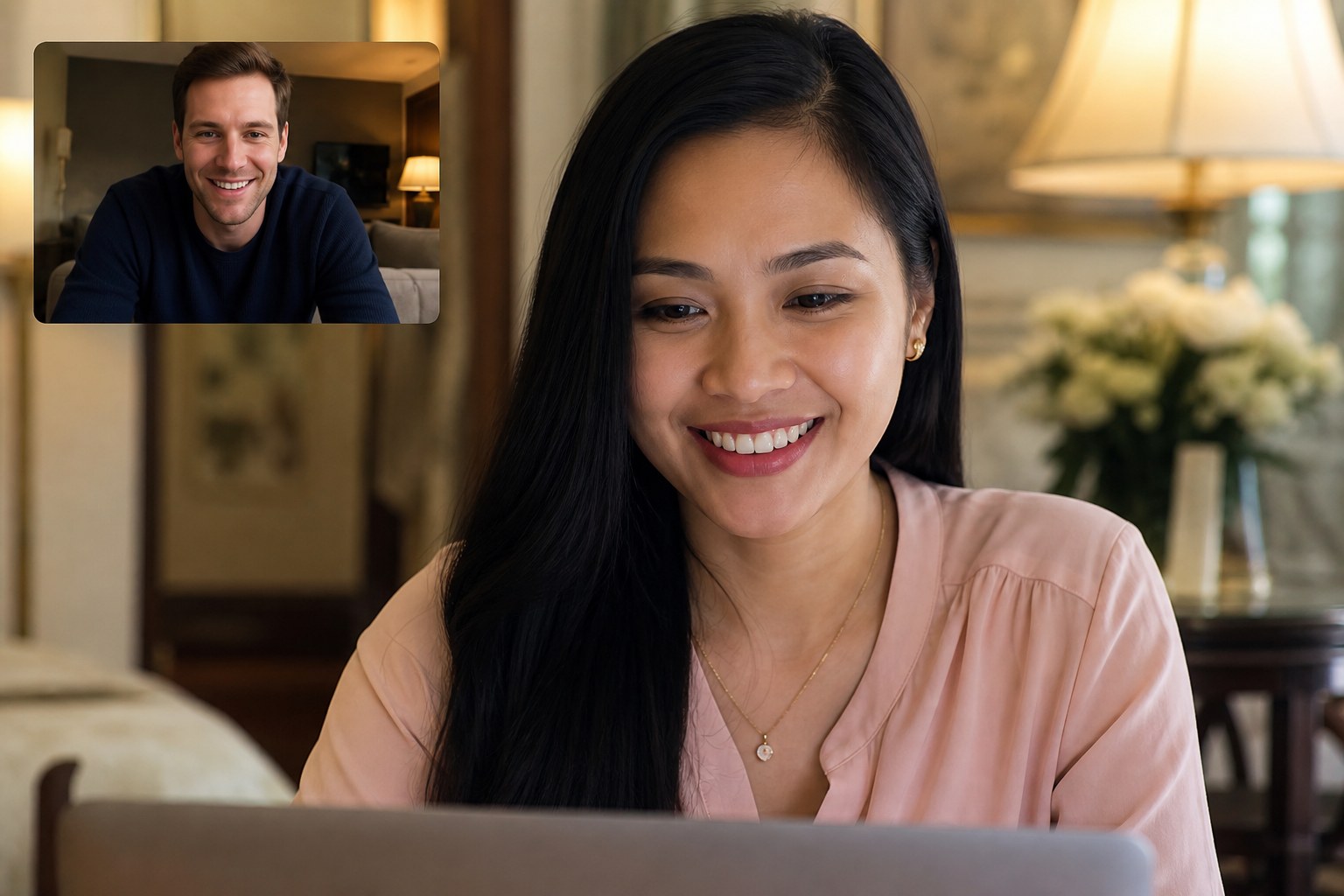 Adult Filipina and international man building trust during an online conversation
