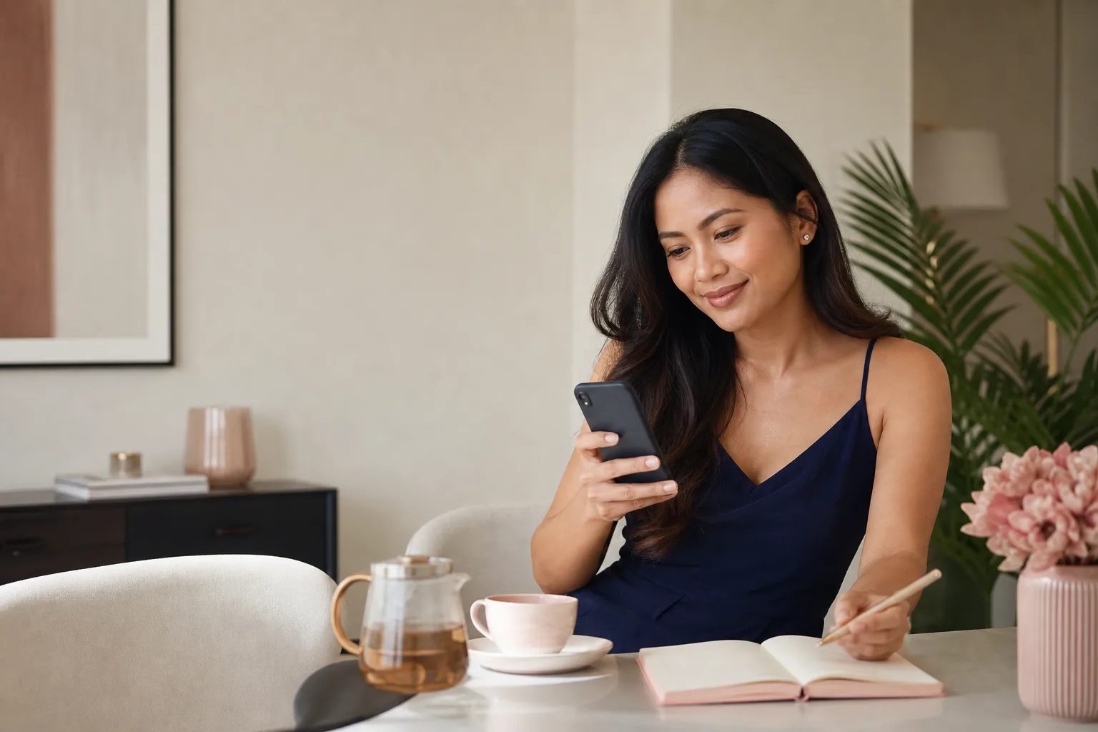 Adult Filipina woman thoughtfully creating a profile on her phone