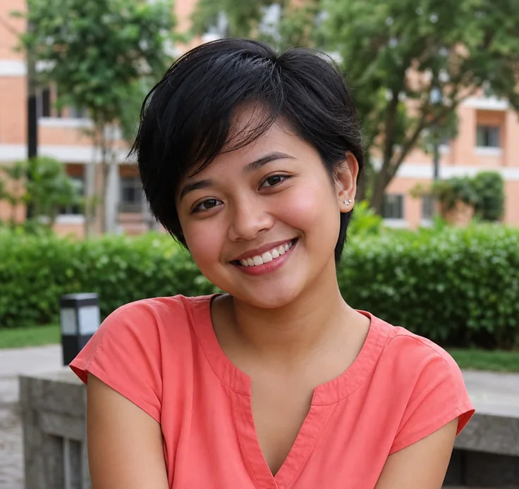 Camille, an adult Filipina community member with a pixie haircut