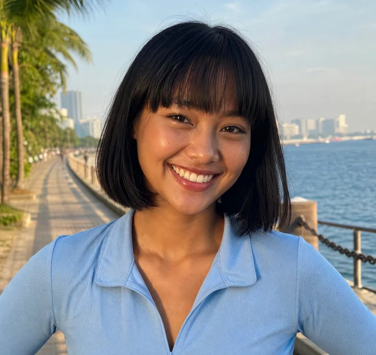 Alyssa, an athletic adult Filipina community member with a bob haircut