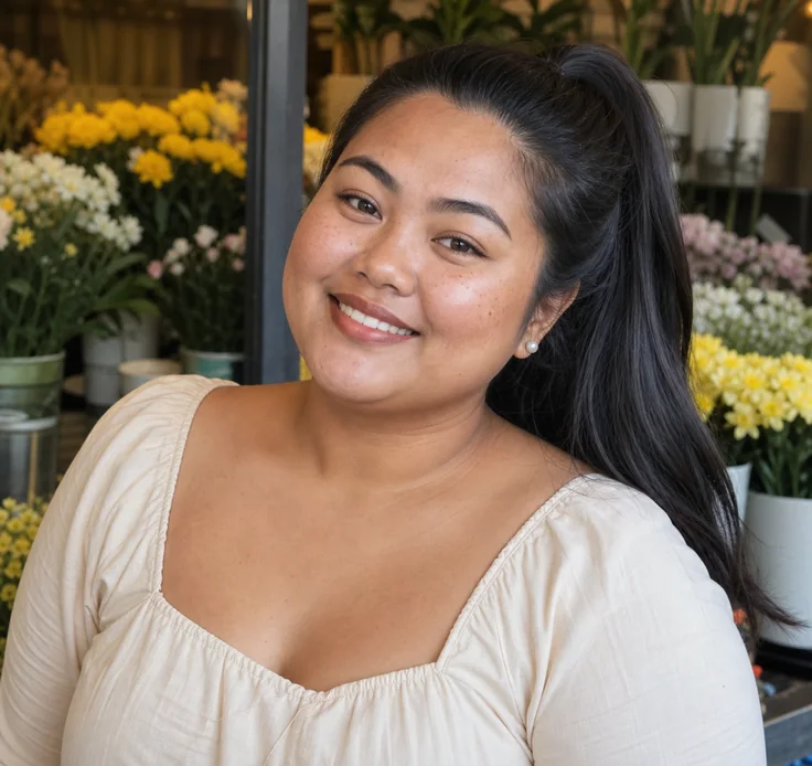 Mara, a curvy adult Filipina community member with a high ponytail