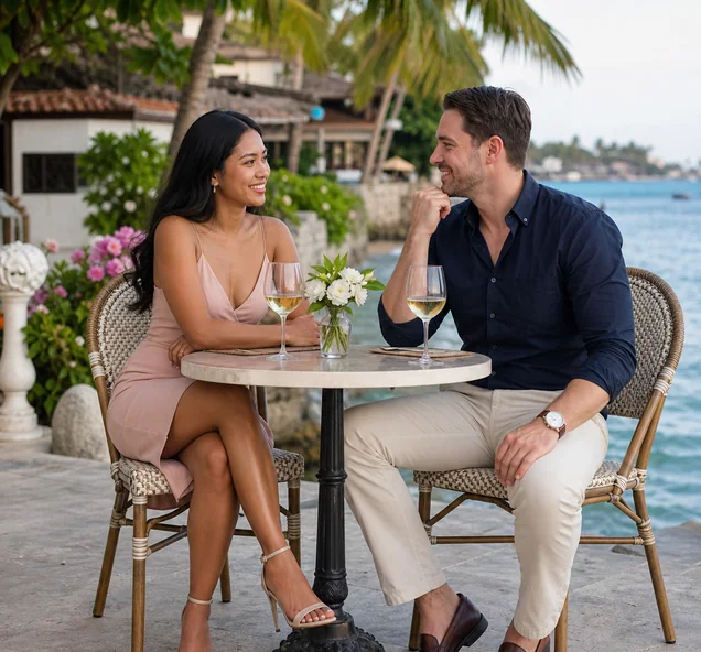 Adult Filipina and American man sharing a sincere seaside conversation